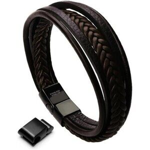Mens Leather Bracelet Braided Cowhide Stainless Steel Magnetic Clasp Gift Box